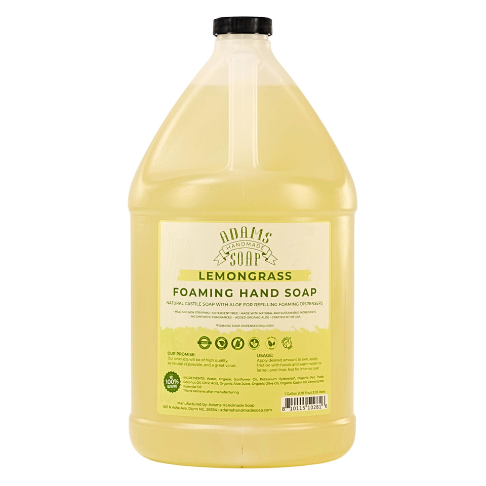 Adams Handmade Soap Lemongrass bottle pour demonstrates easy refills and a mild skin feel