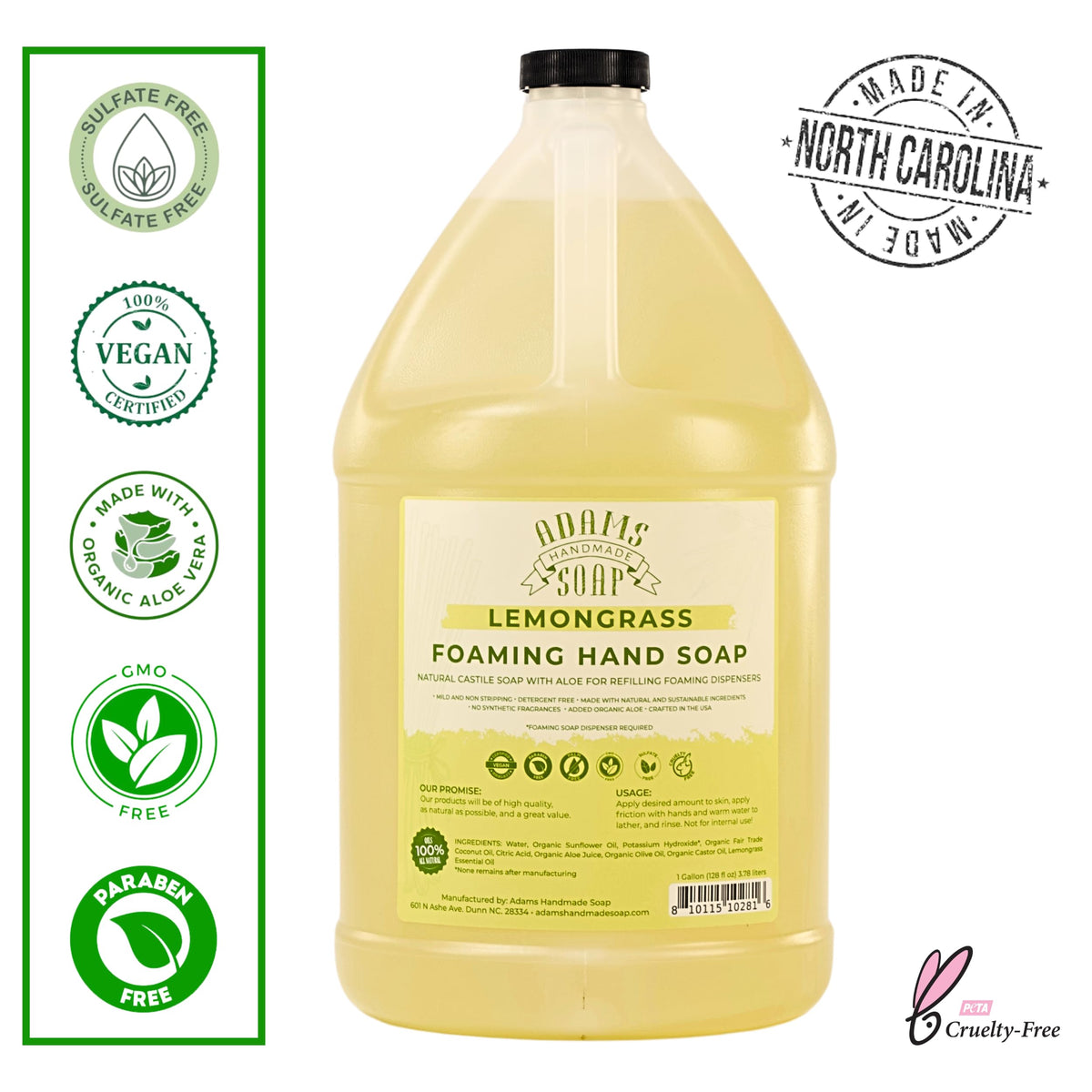 Adams Handmade Soap Lemongrass foam dispense shows luxurious lather and skin-friendly formula
