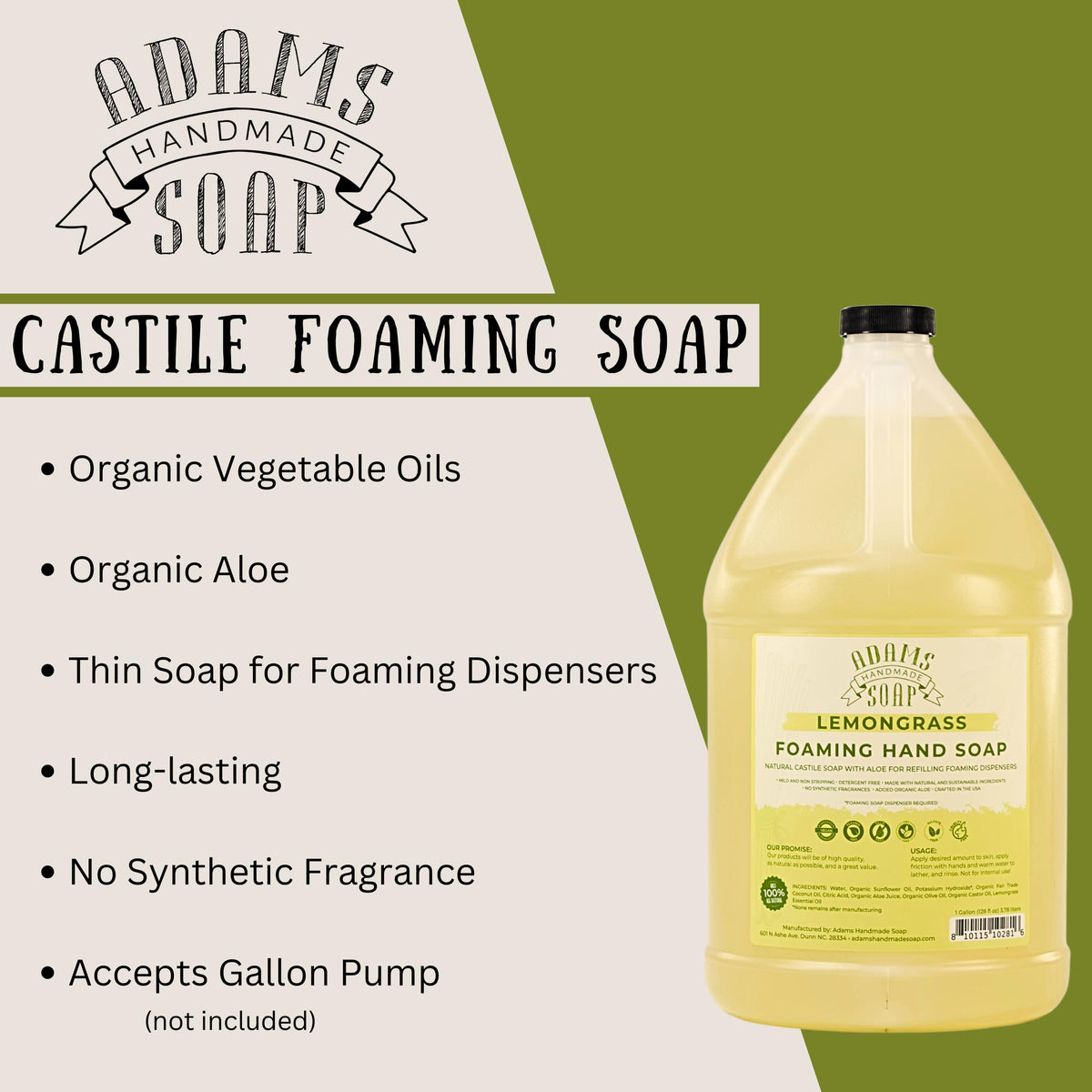 Adams Handmade Soap Lemongrass ingredients close-up highlights organic oils and aloe