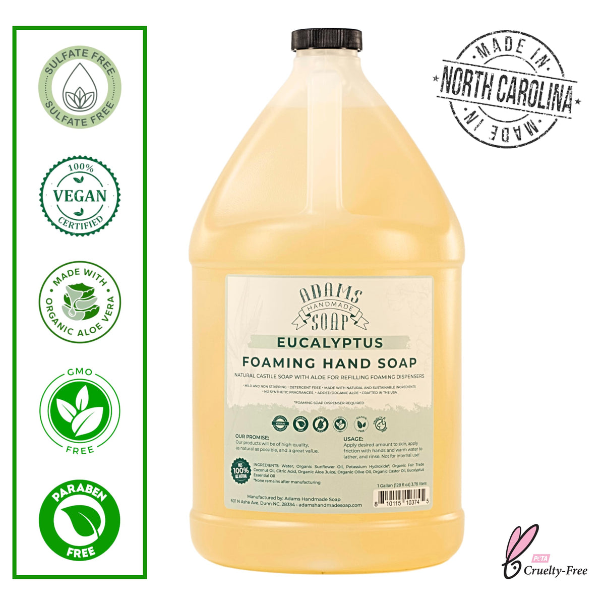 Adams Handmade Soap eucalyptus foaming soap label showing eco-friendly formula.