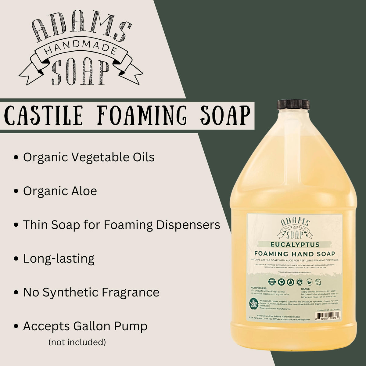 Adams Handmade Soap eucalyptus bottle with pump for quick refills.