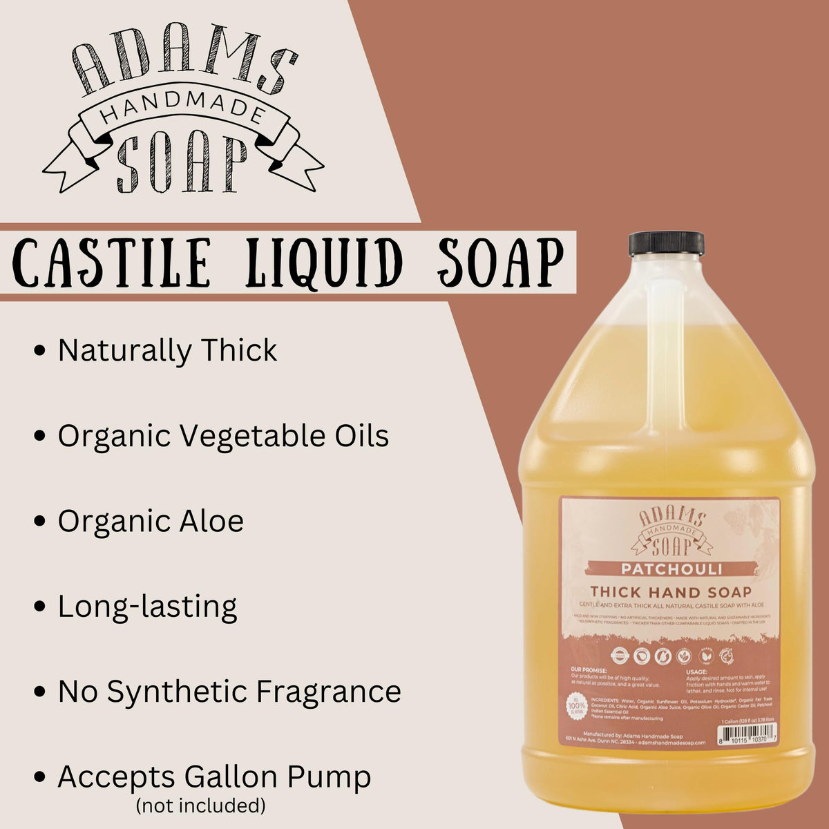 Adams Handmade Soap patchouli scented bottle label for eco-friendly cleaning