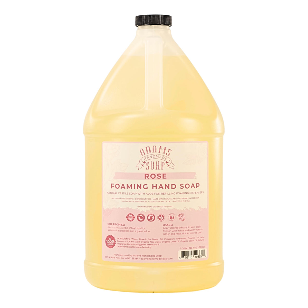 Adams Handmade Soap Rose foaming bottle close-up for hand cleansing