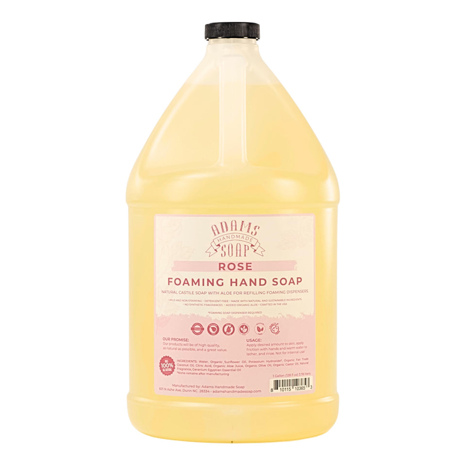 Adams Handmade Soap Rose foaming bottle close-up for hand cleansing