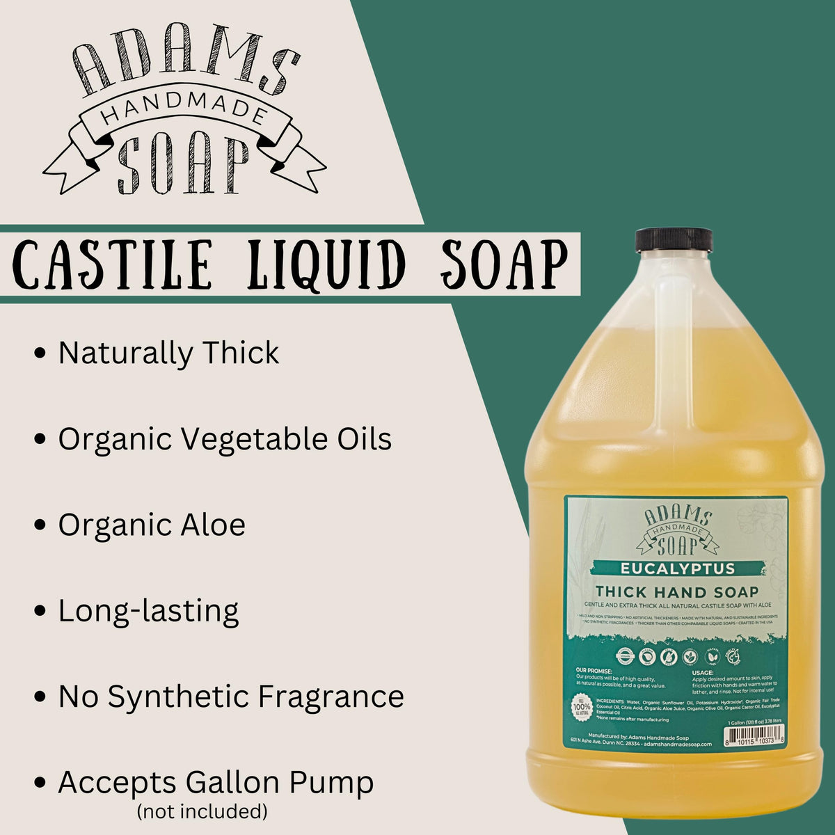 Adams Handmade Soap 1 gallon refill packaging signals sustainable, no-synthetic ingredients promise.