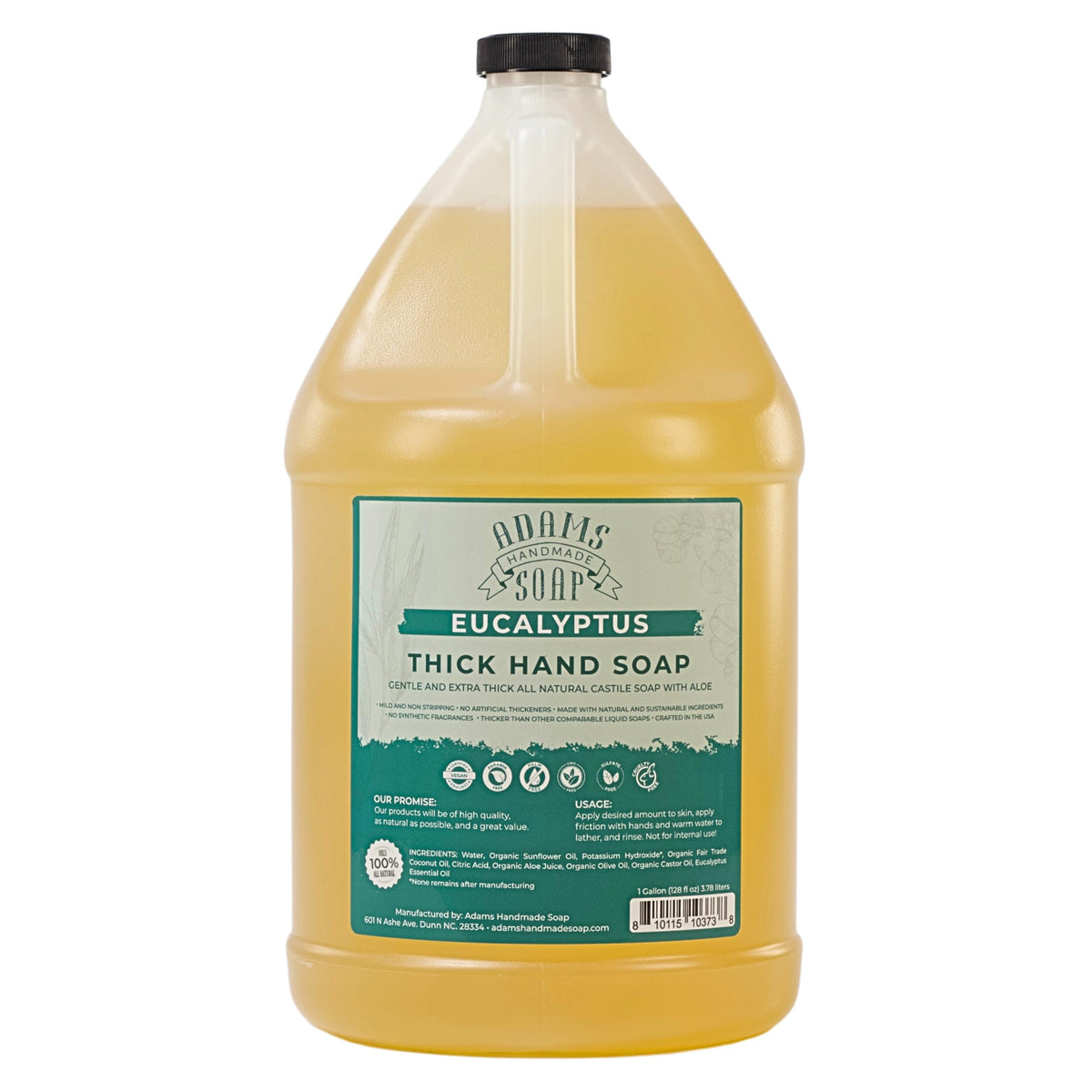 Adams Handmade Soap thick castile hand soap bottle being poured for gentle hand cleansing.