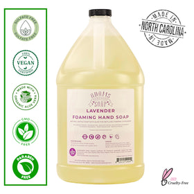 Adams Lavender foaming soap dispenser close-up shows smooth lather.