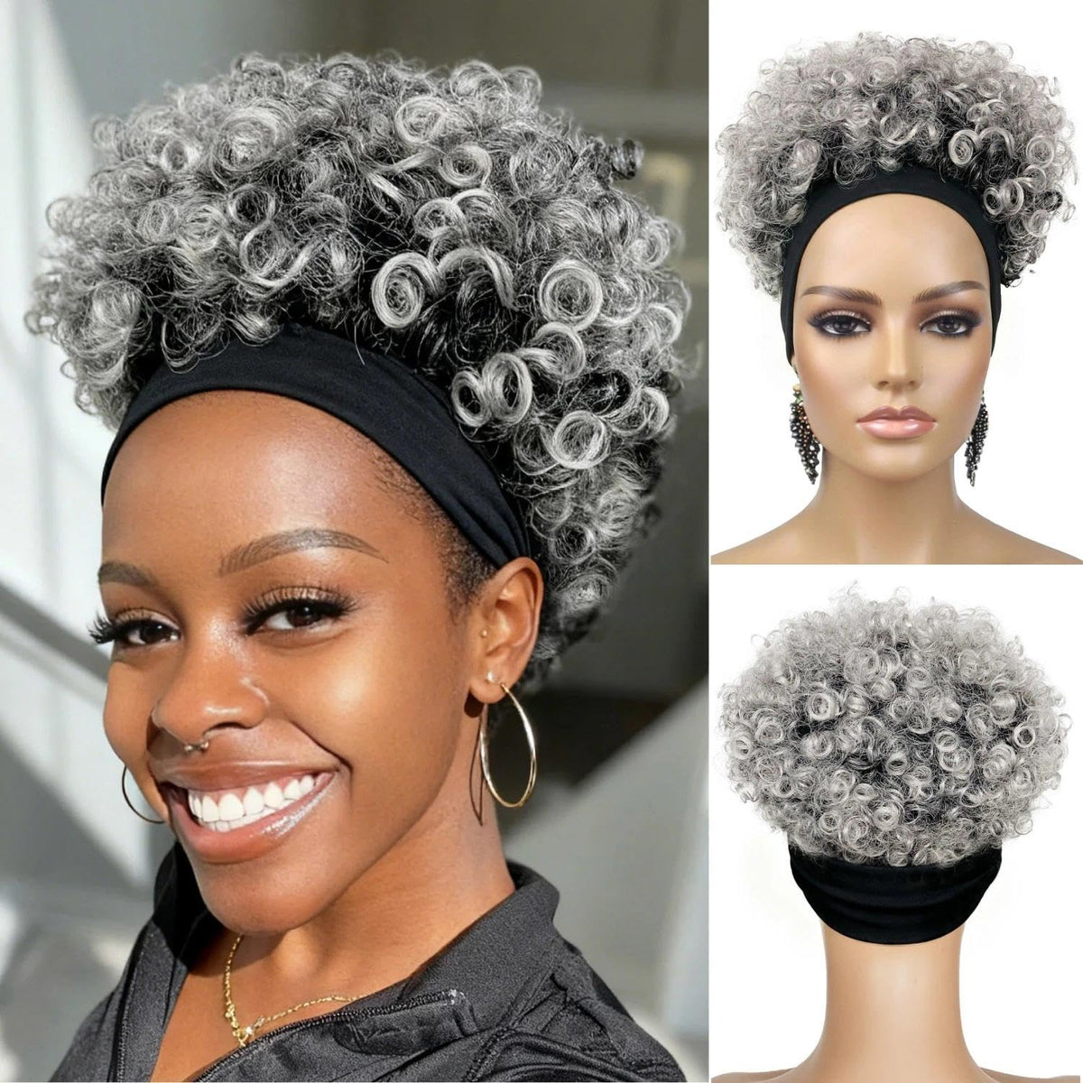 Adancyler short salt-and-pepper headband wig on model offers quick daily wear.