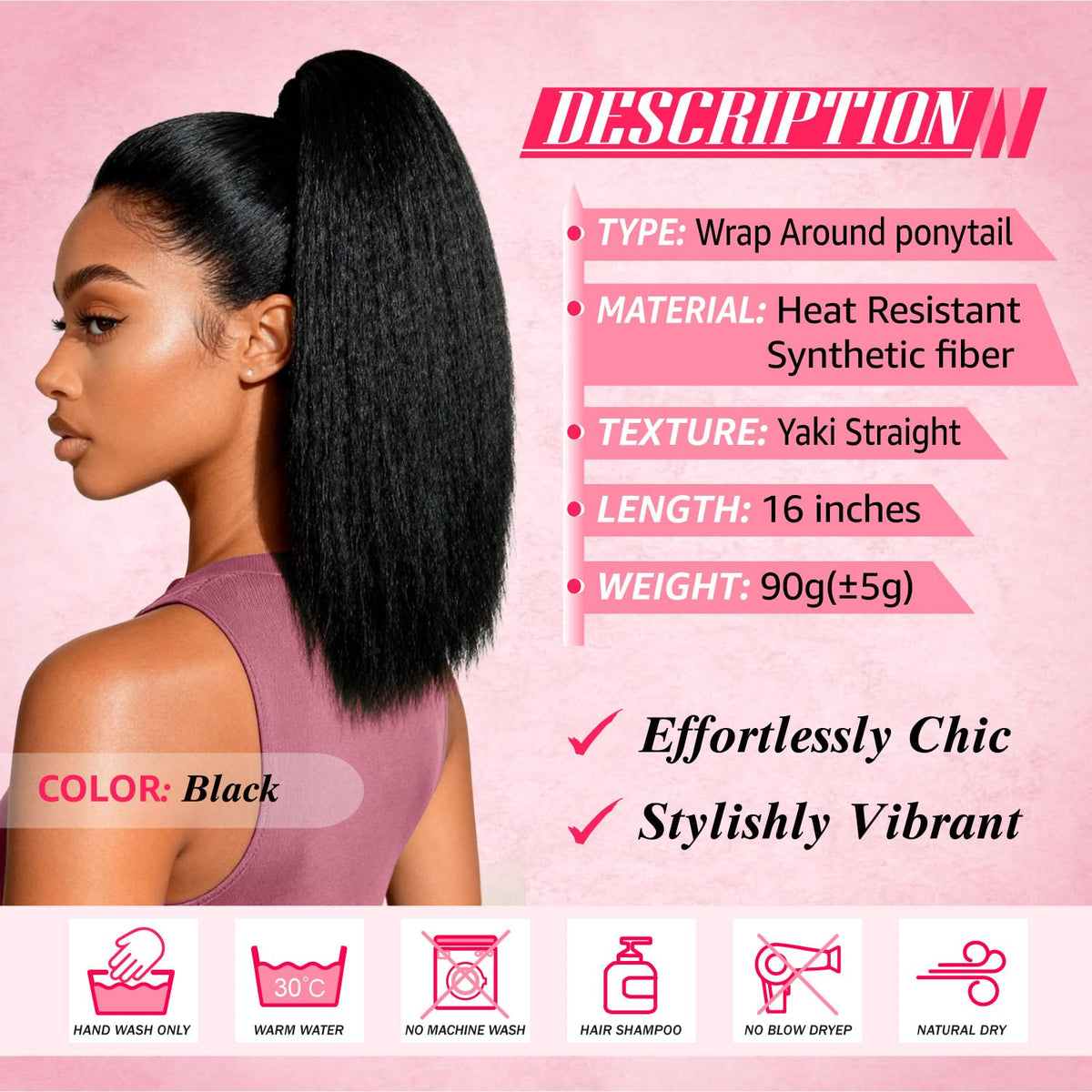 Adancyler Yaki Straight Ponytail Wrap-Around secures with reinforced clips for all-day hold