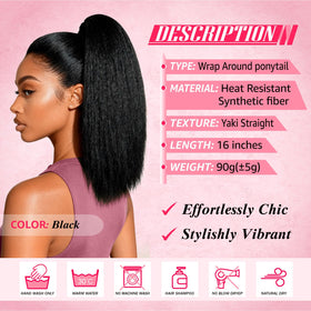 Adancyler Yaki Straight Ponytail Wrap-Around secures with reinforced clips for all-day hold