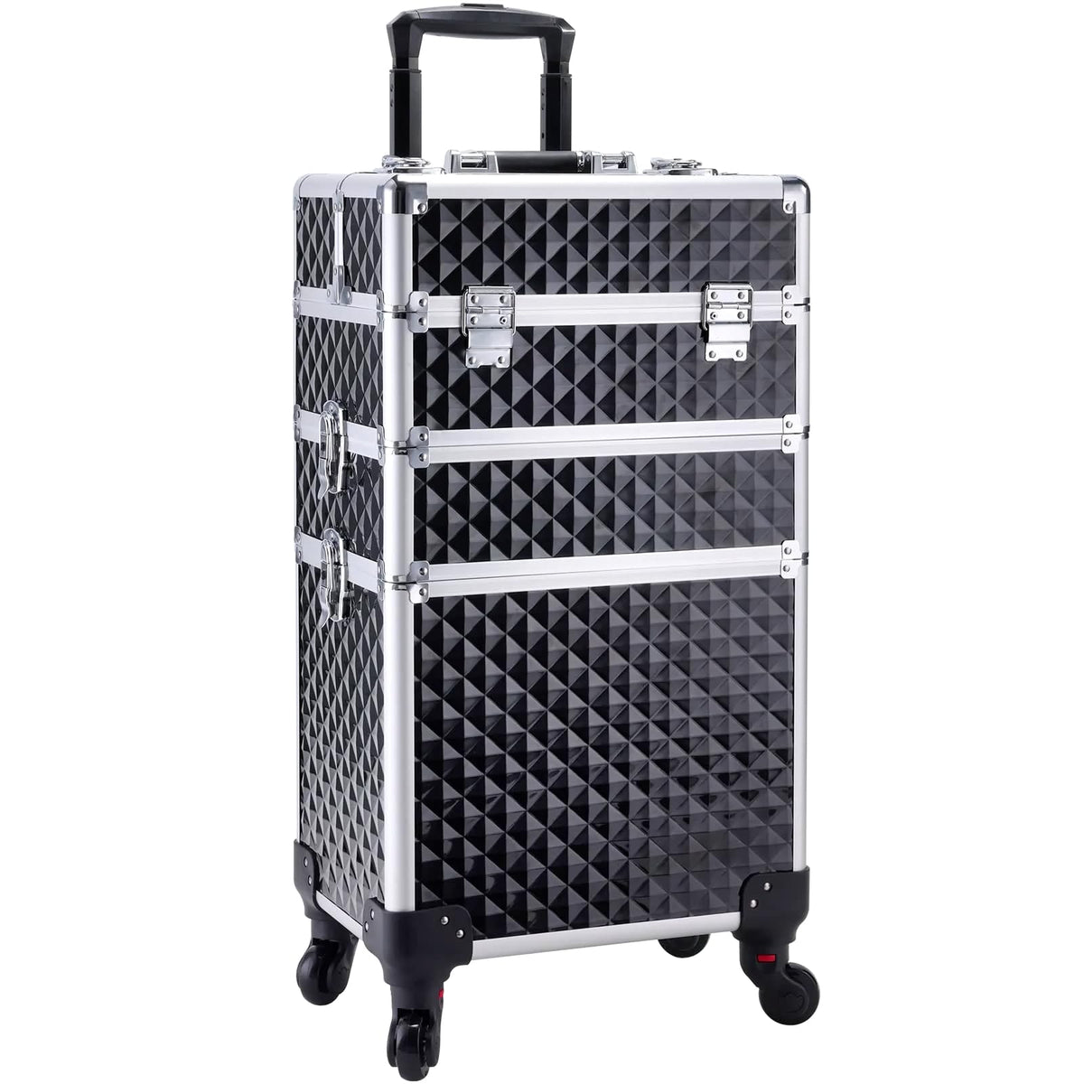 Adazzo diamond-pattern travel case showing shimmer for on-site makeup tasks.