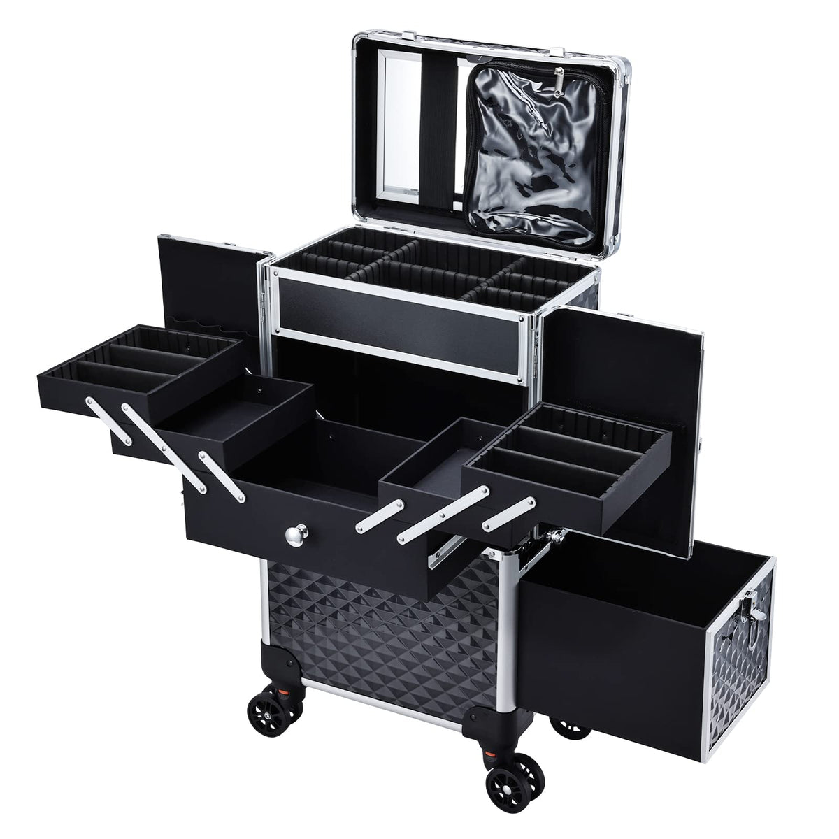 Adazzo professional rolling train case with open trays for quick tool access