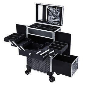 Adazzo professional rolling train case with open trays for quick tool access