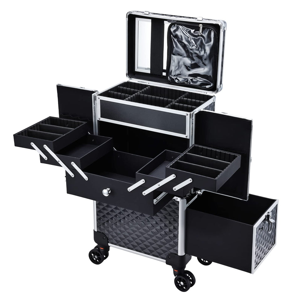 Adazzo professional rolling train case with open trays for quick tool access