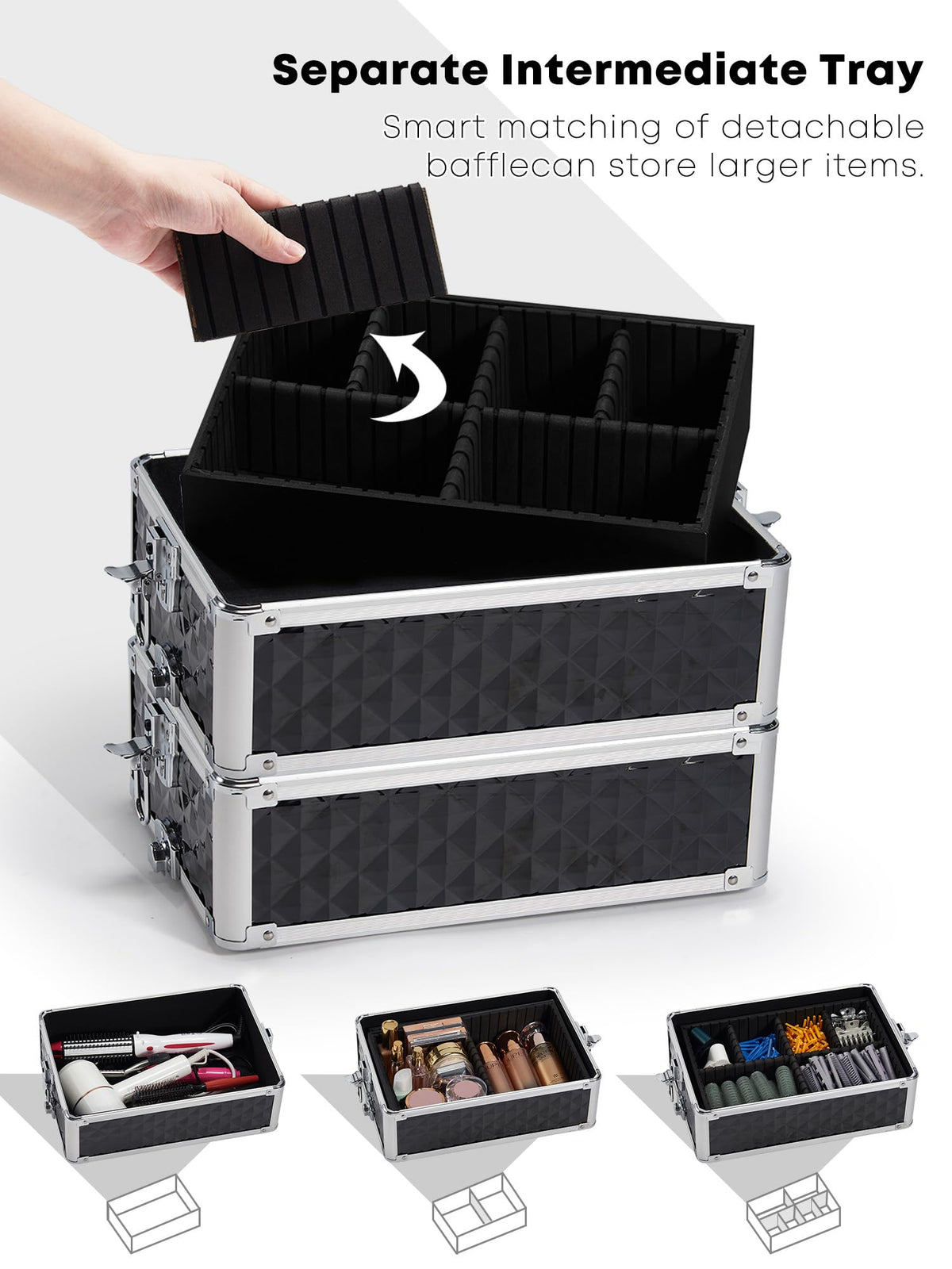 Adazzo rolling makeup train case bottom compartment showing large storage space