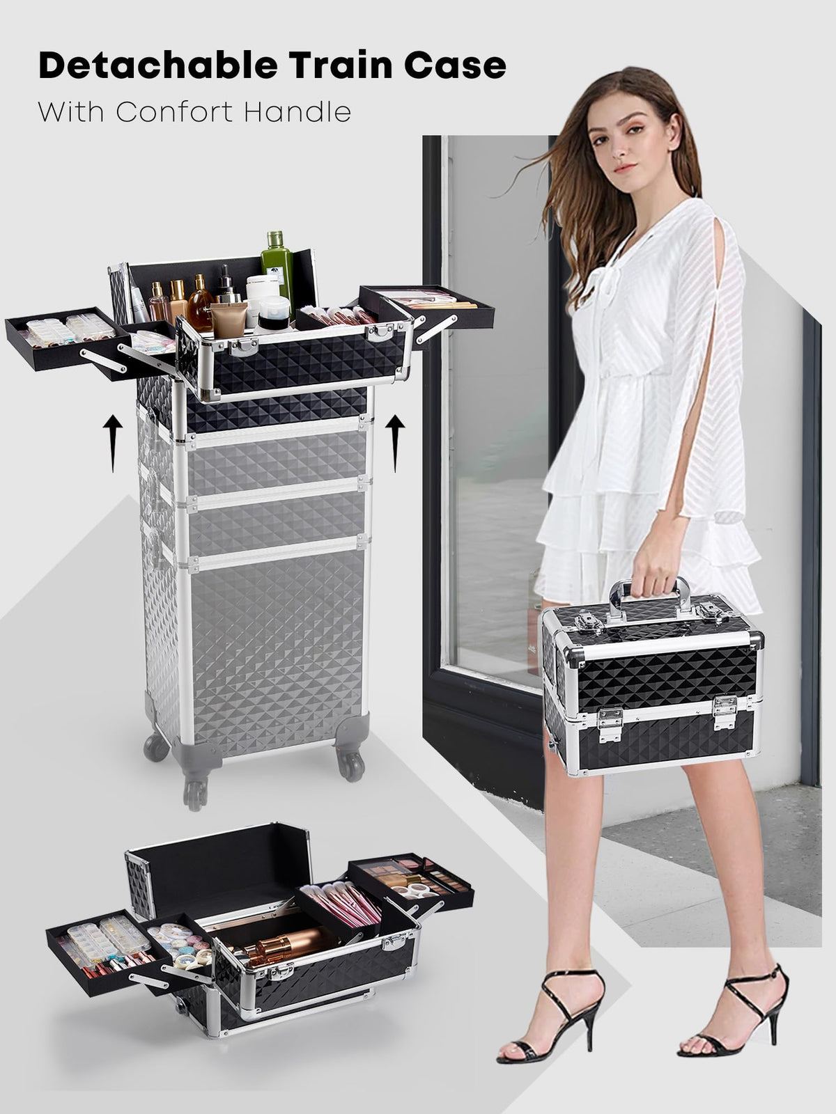 Adazzo rolling makeup train case open with extendable trays in use