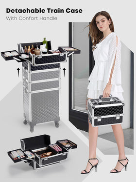 Adazzo rolling makeup train case open with extendable trays in use
