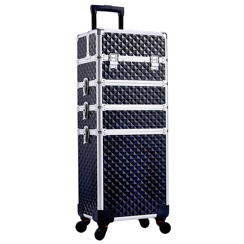 Adazzo rolling makeup train case front view with organized top trays for quick on-site setups