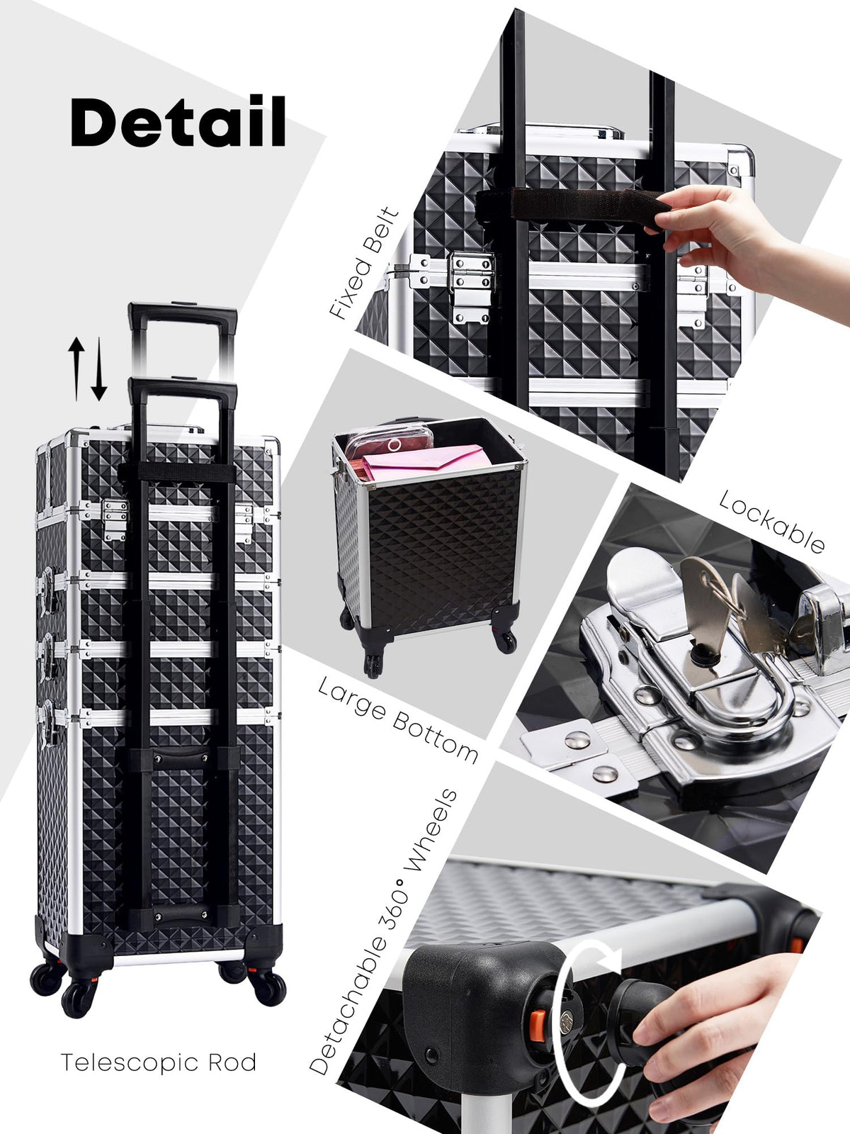 Adazzo rolling makeup train case height adjustable rod extended to 39 inches