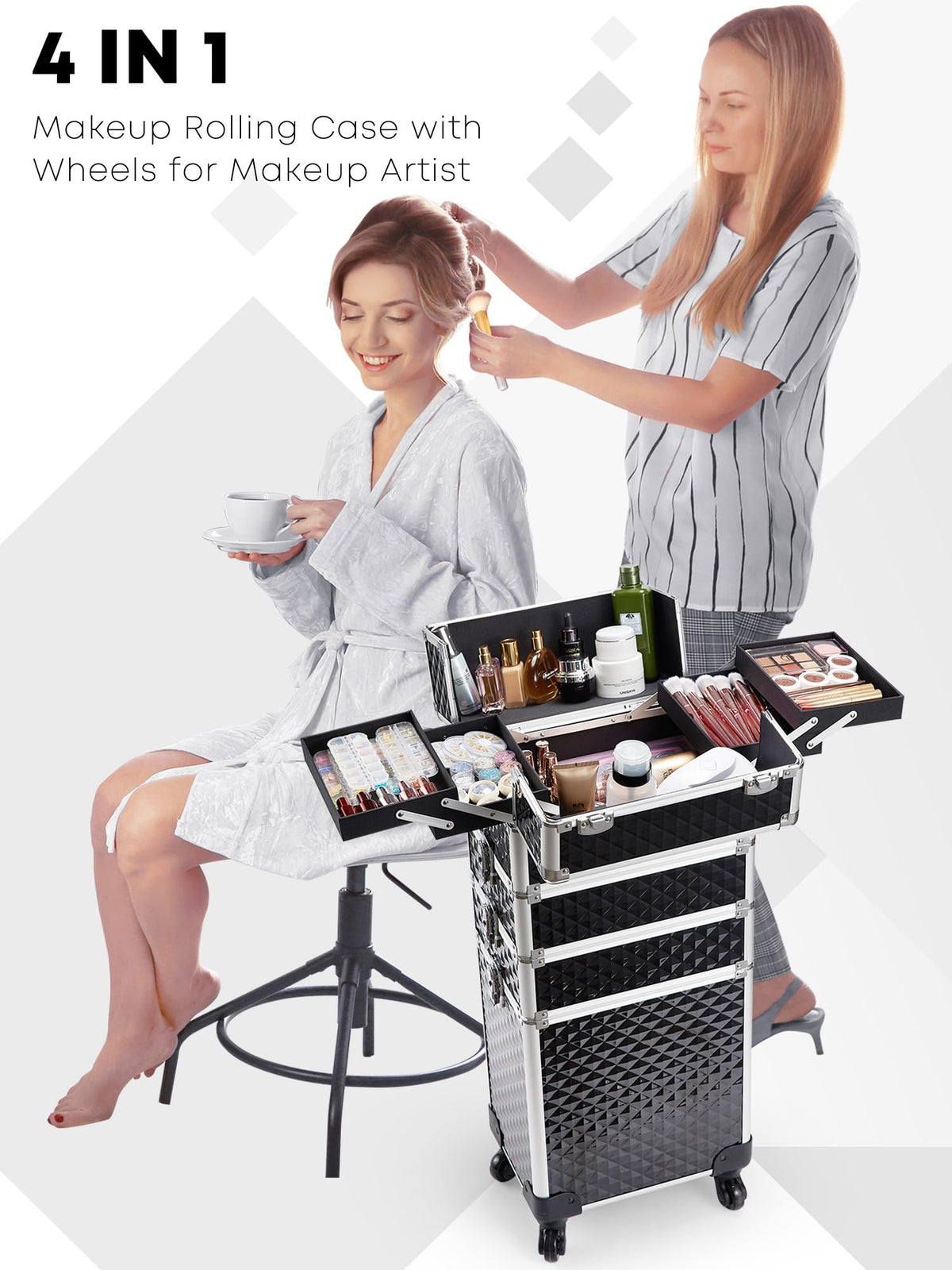 Adazzo rolling makeup train case side view showing full-length storage and wheels for easy mobility