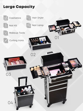 Adazzo rolling makeup train case top view highlighting extendable trays