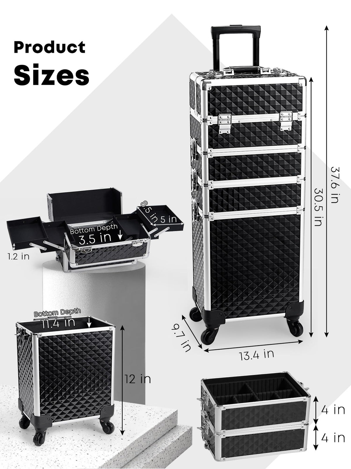 Adazzo rolling makeup train case wheels close-up on smooth, stable mobility