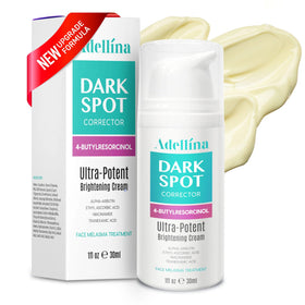 Adellina dark spot remover bottle front shows premium serum for even-toned skin.
