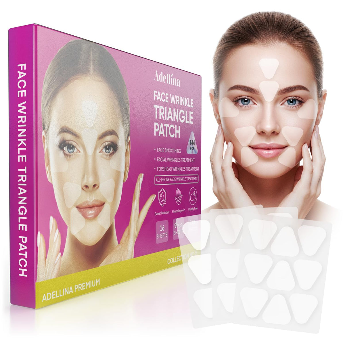 Adellina overnight patches on forehead for smoother look.