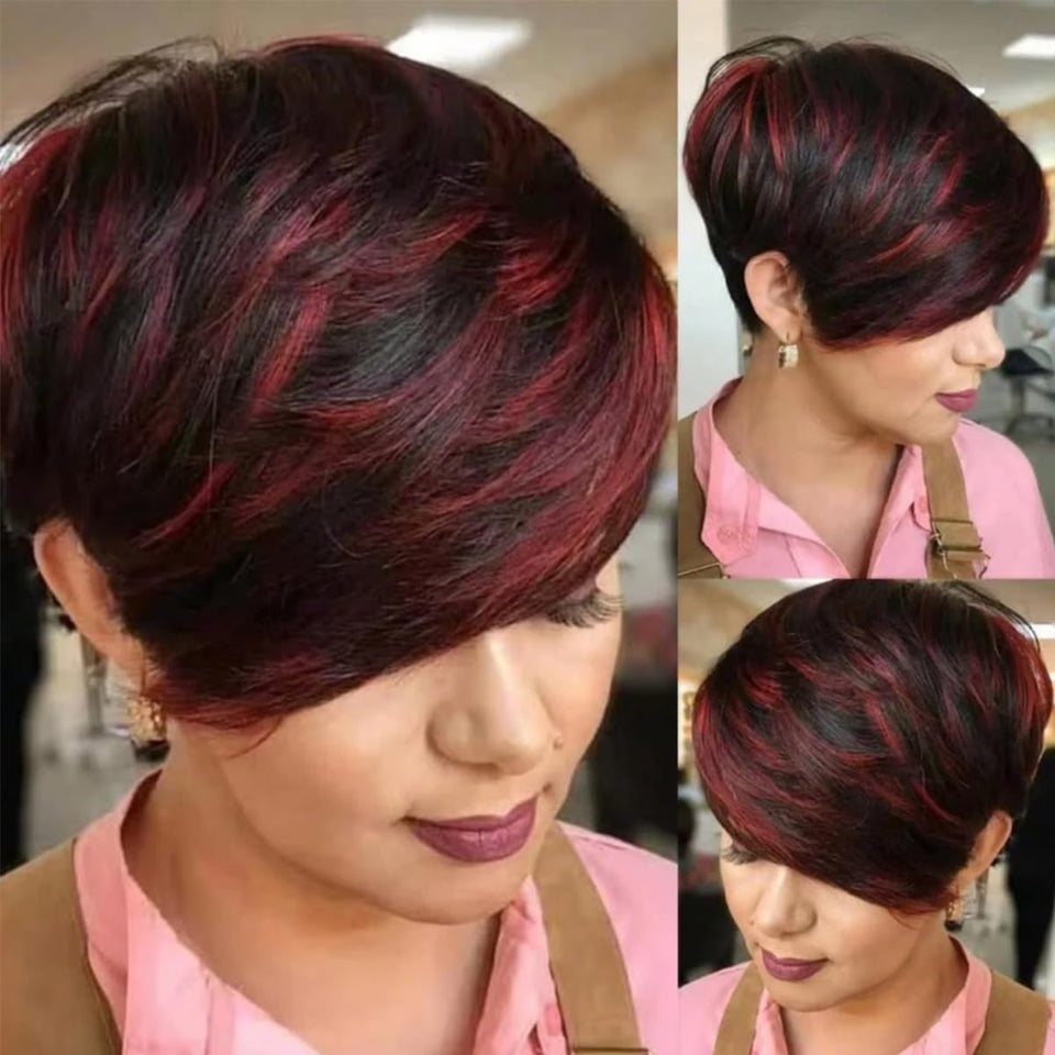 Adette Basic Pixie Wig front view with burgundy highlight, showing natural fullness.