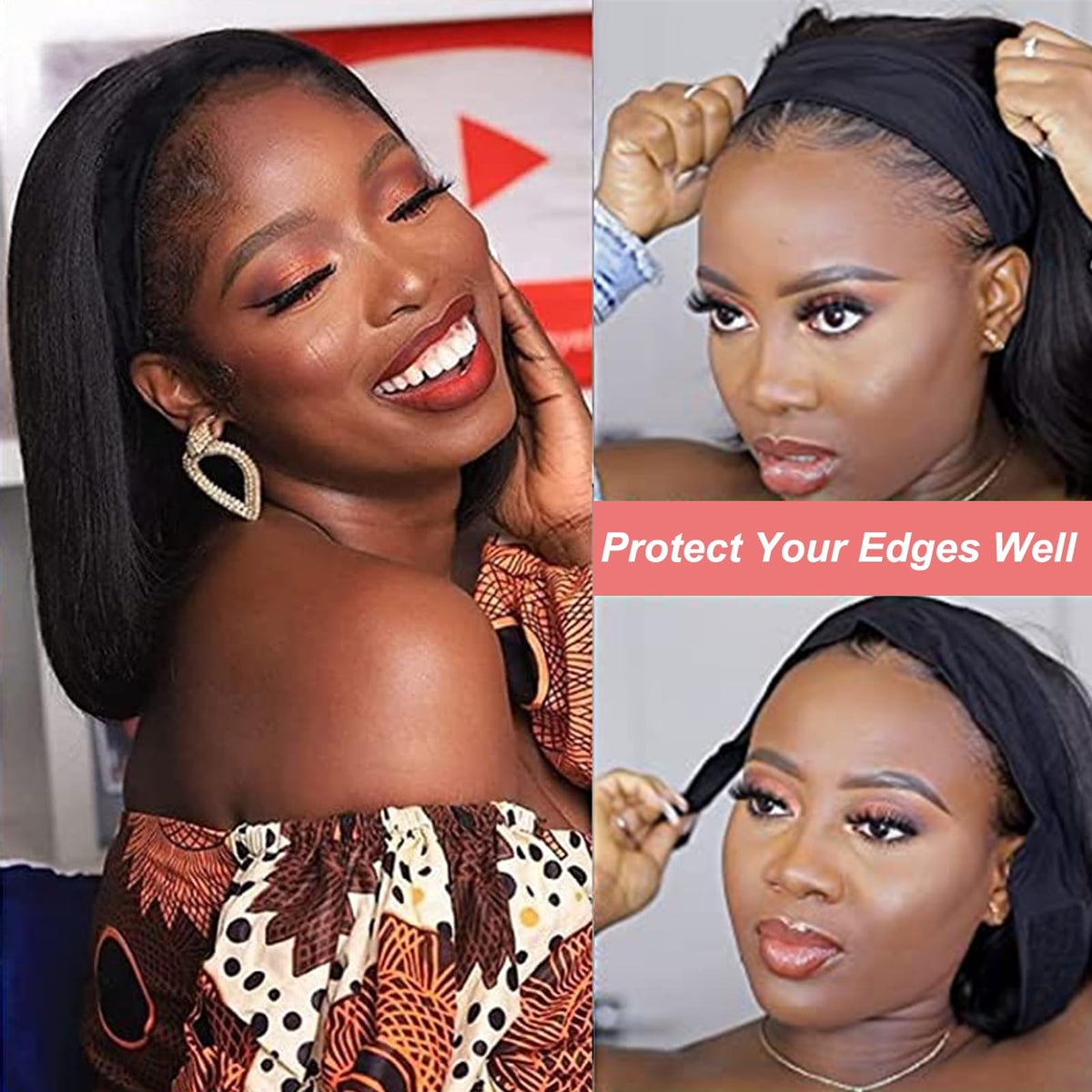 Adette headband wig styling options for ponytail or bun.