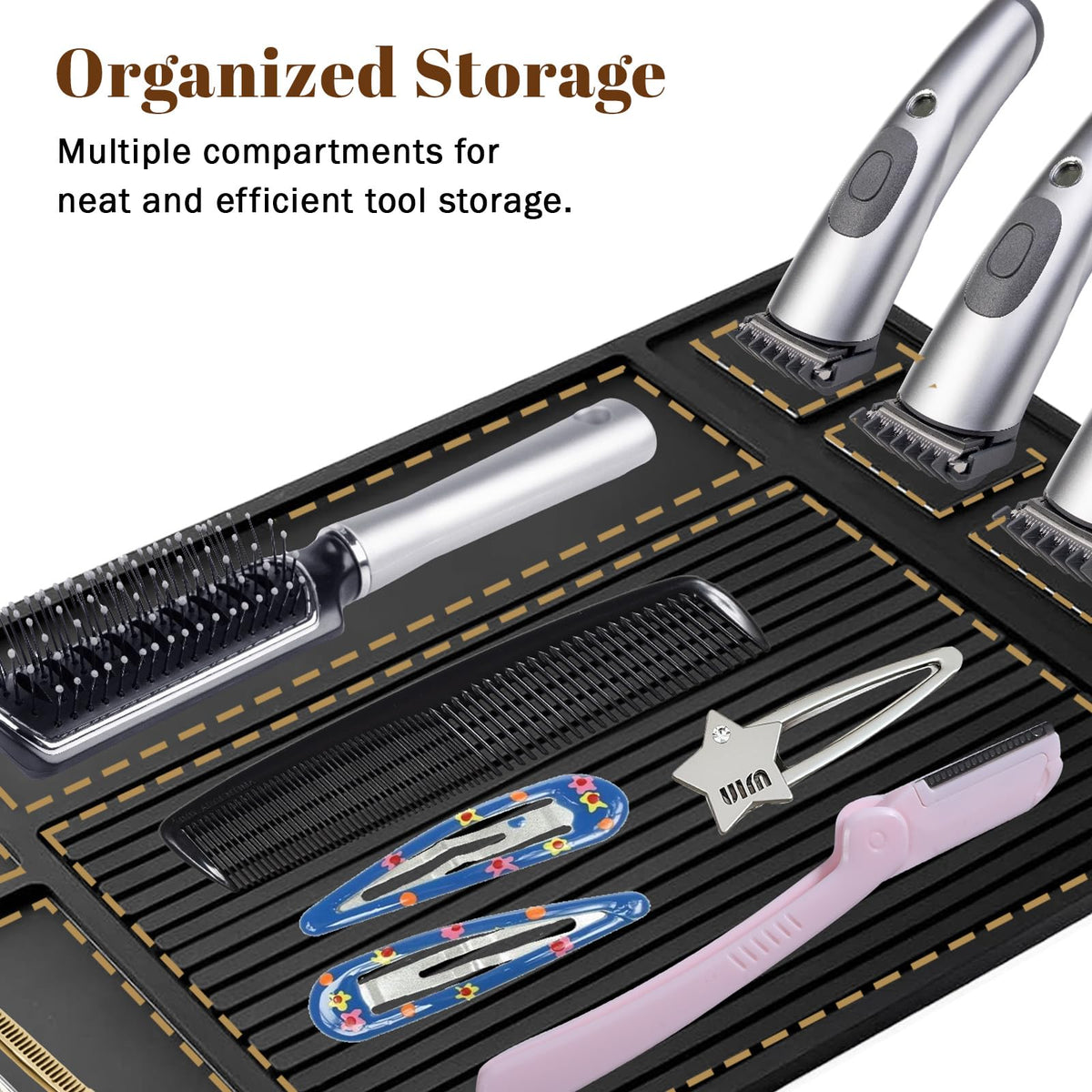 Adevar barber mat highlighting soft silicone surface protecting tools from scratches.