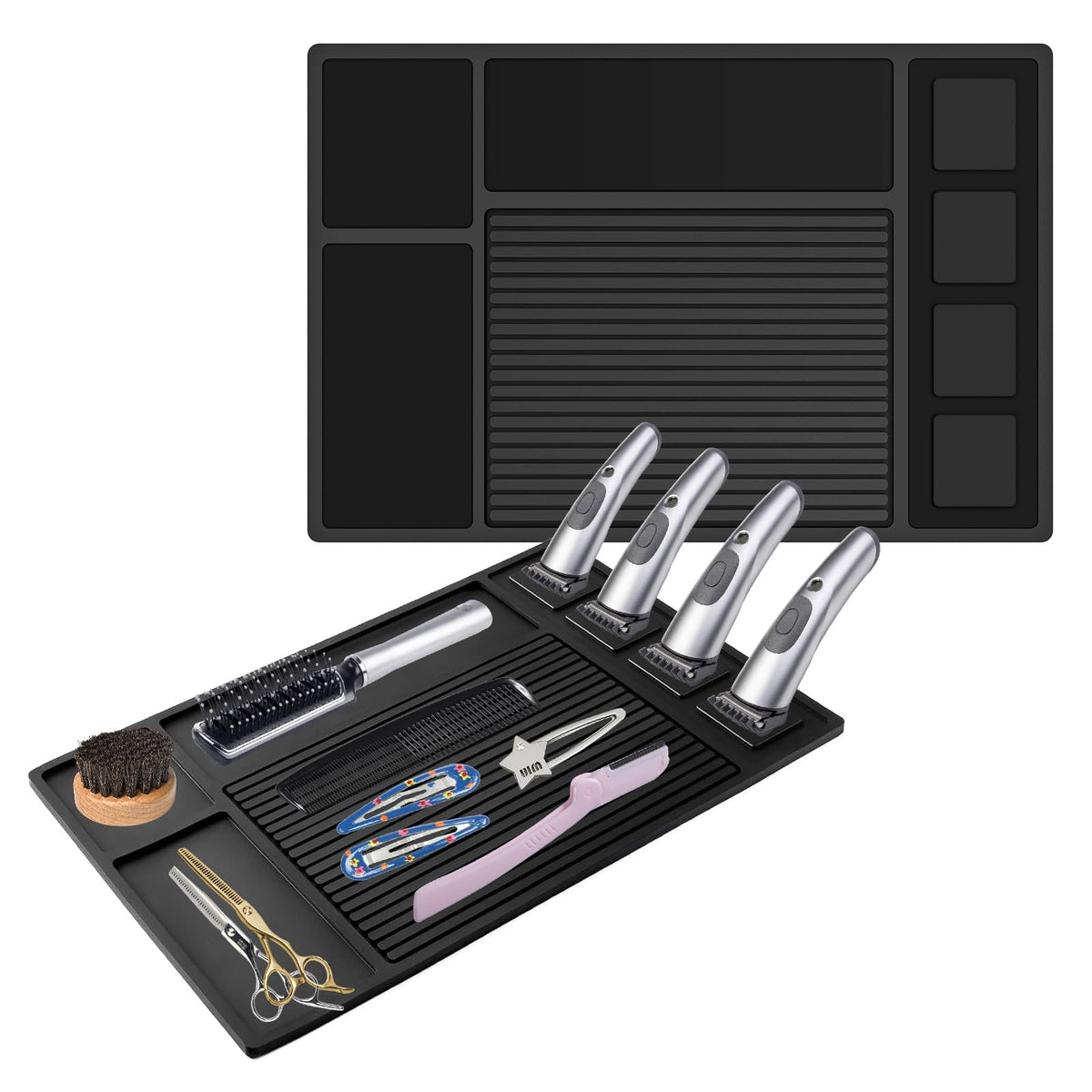 Adevar magnetic barber mat with clippers securely held in four sections for quick access.
