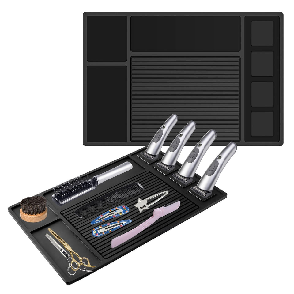 Adevar magnetic barber mat with clippers securely held in four sections for quick access.
