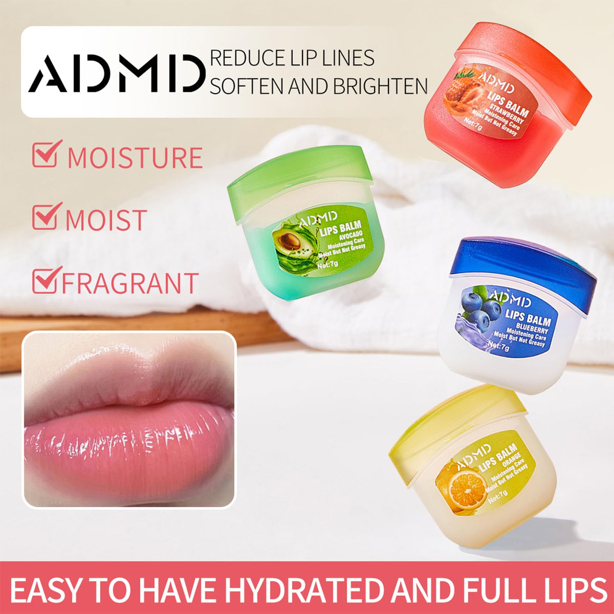 ADMD strawberry lip balm 7g with fruity aroma and smooth texture.