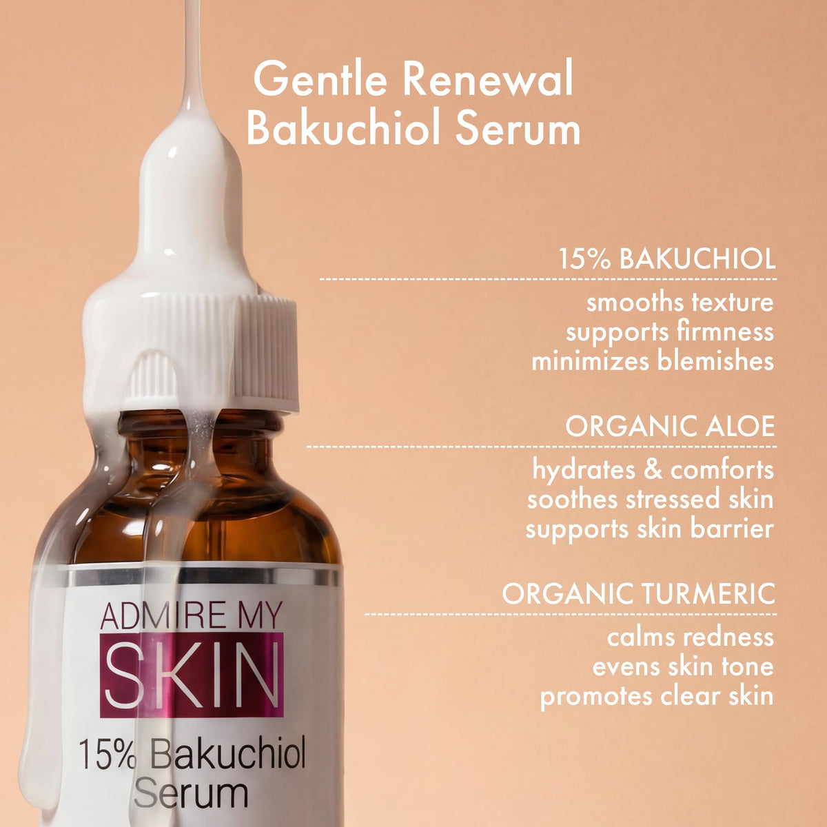 Admire My Skin Bakuchiol Serum dropper pour for easy application.