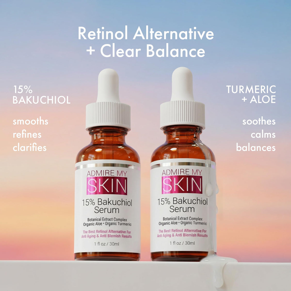 Admire My Skin Bakuchiol Serum label showing potency and ingredients.