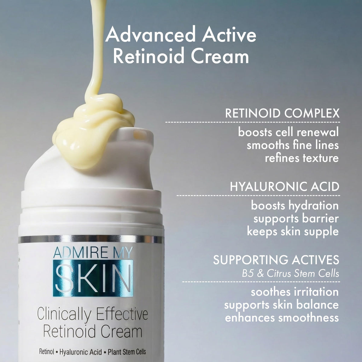 Admire My Skin Potent Retinoid Cream ingredients banner highlights key actives.