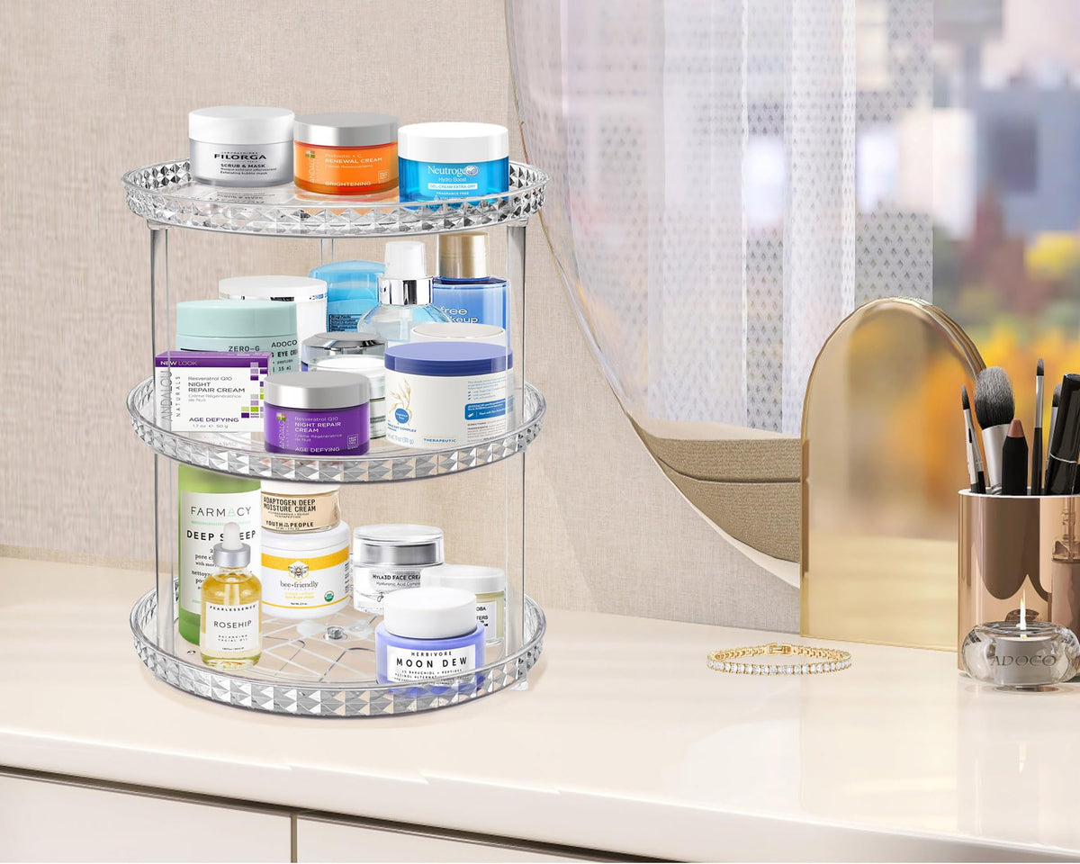 Three-tier diamond lazy susan with clear trays keeps cosmetics visible and organized