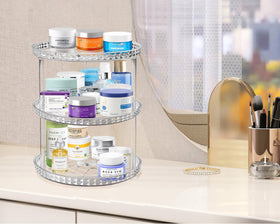 Three-tier diamond lazy susan with clear trays keeps cosmetics visible and organized