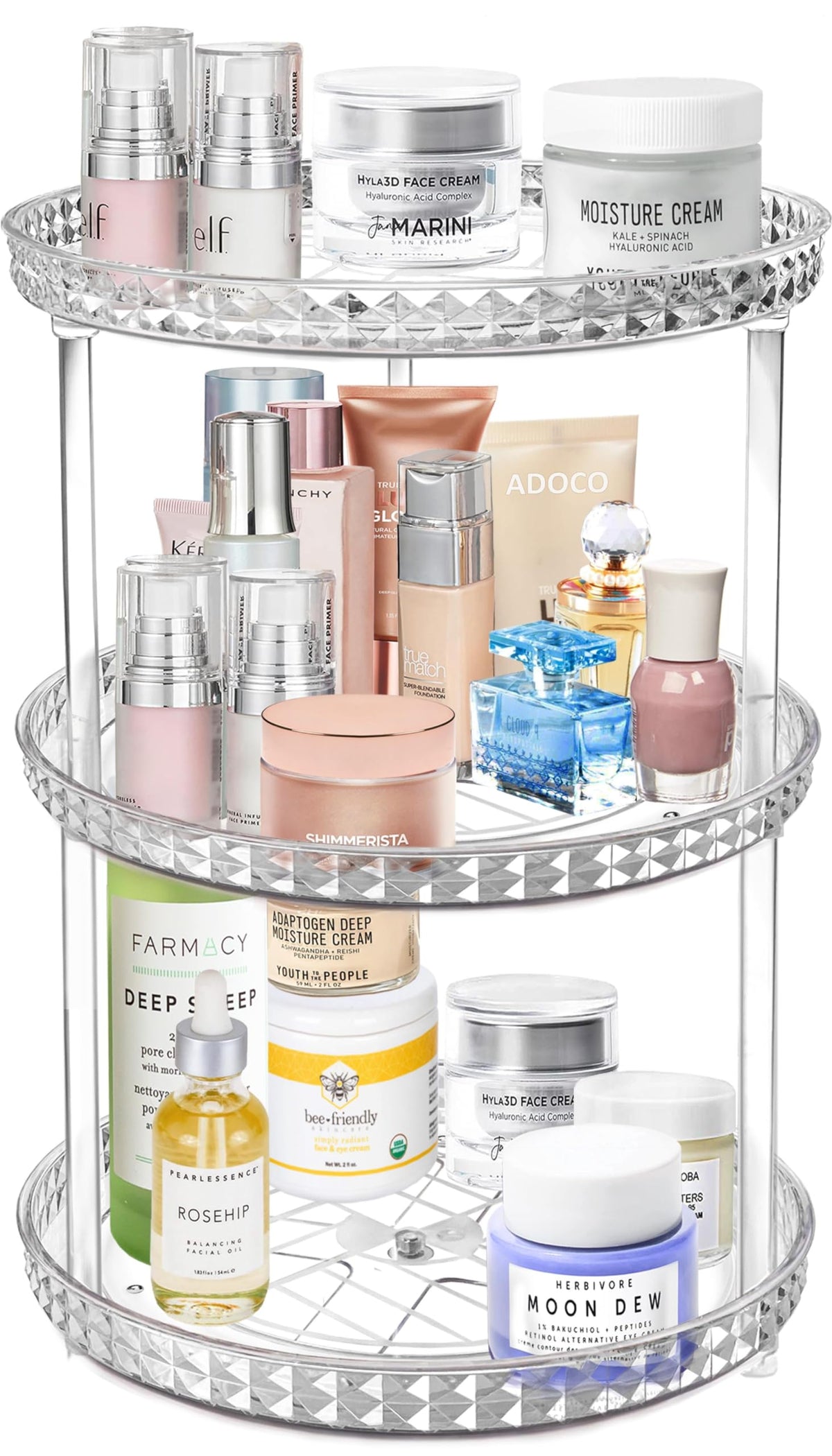 Adoco vanity setup using 3-tier diamond lazy susan for cosmetics and perfumes