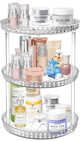 Adoco vanity setup using 3-tier diamond lazy susan for cosmetics and perfumes