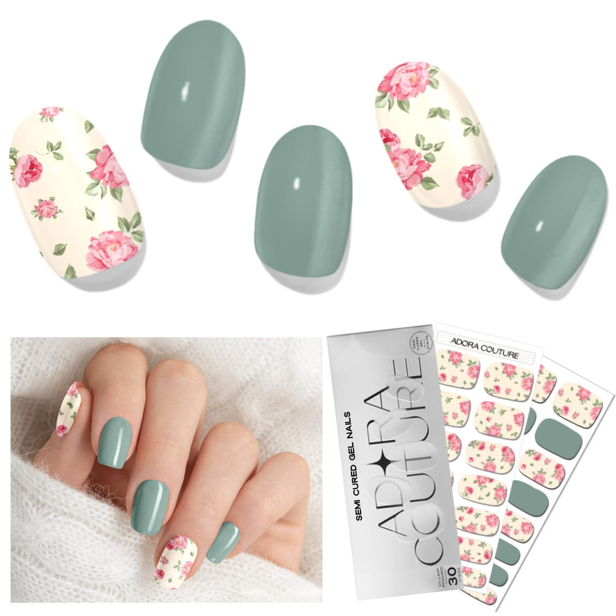 Adora Couture gel-nail-strips pack highlighting semi-cured design for a quick at-home manicure.