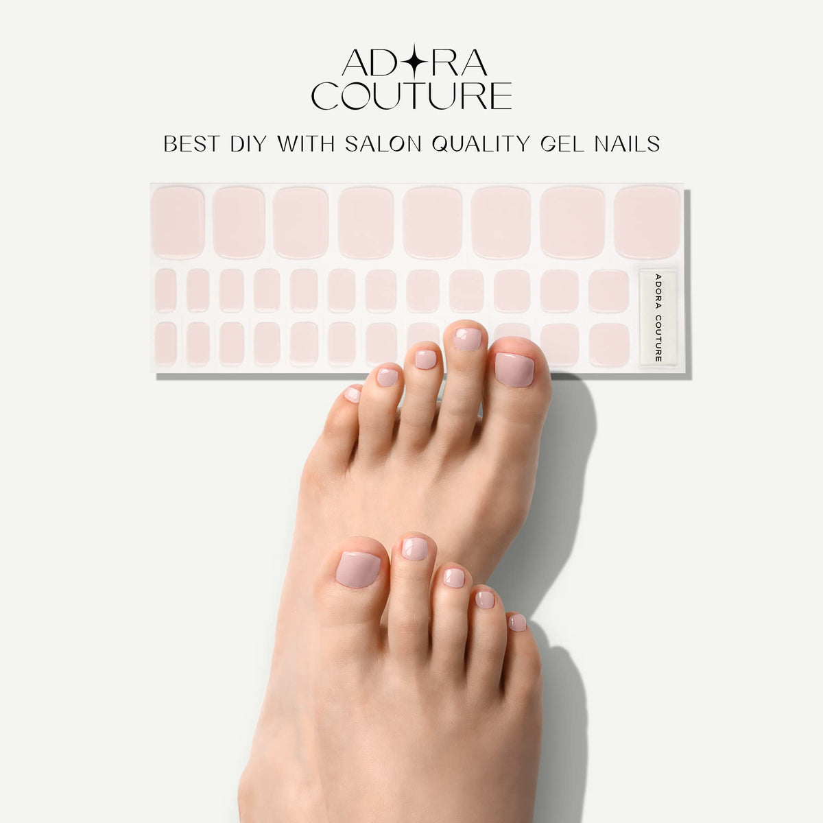 Close-up of Adora Couture gel nail strips on toes with a glossy finish