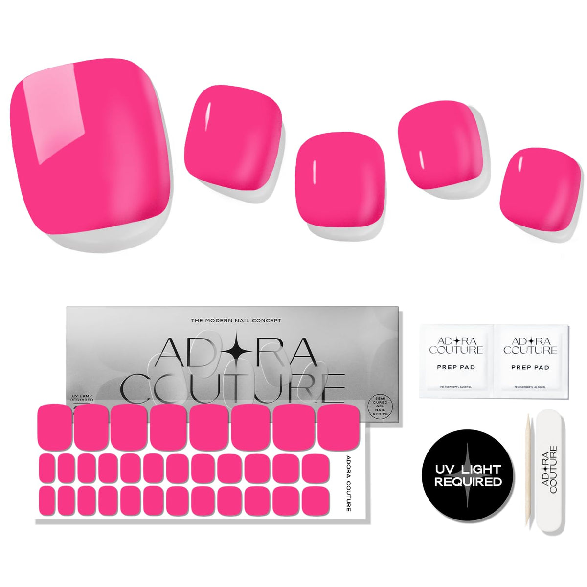 Adora Couture semi-cured gel nail strips on toes for a salon-quality look at home.