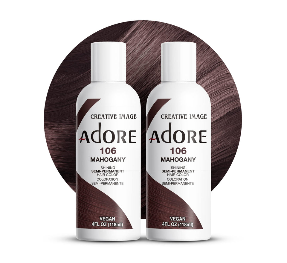 Adore Mahogany semi-permanent color bottle showing vibrant shade.