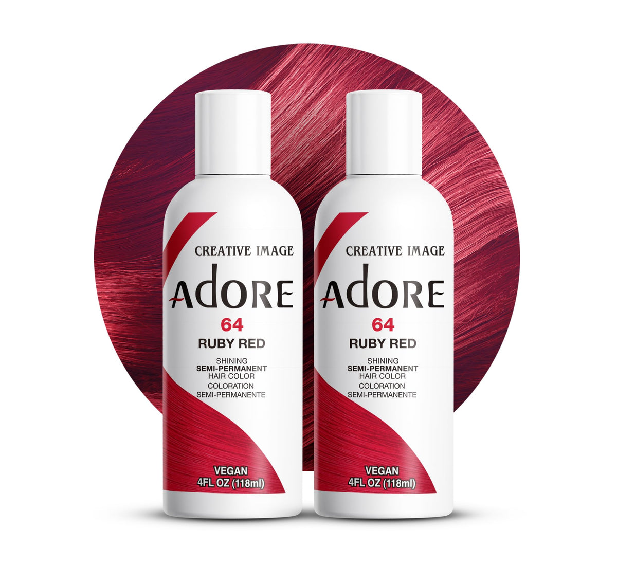 Adore Ruby Red dye bottle shows bold color for at-home salon-style results