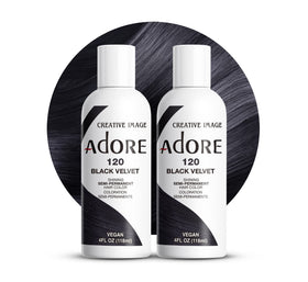 Adore Black Velvet bottle swatch shows bold black shade.
