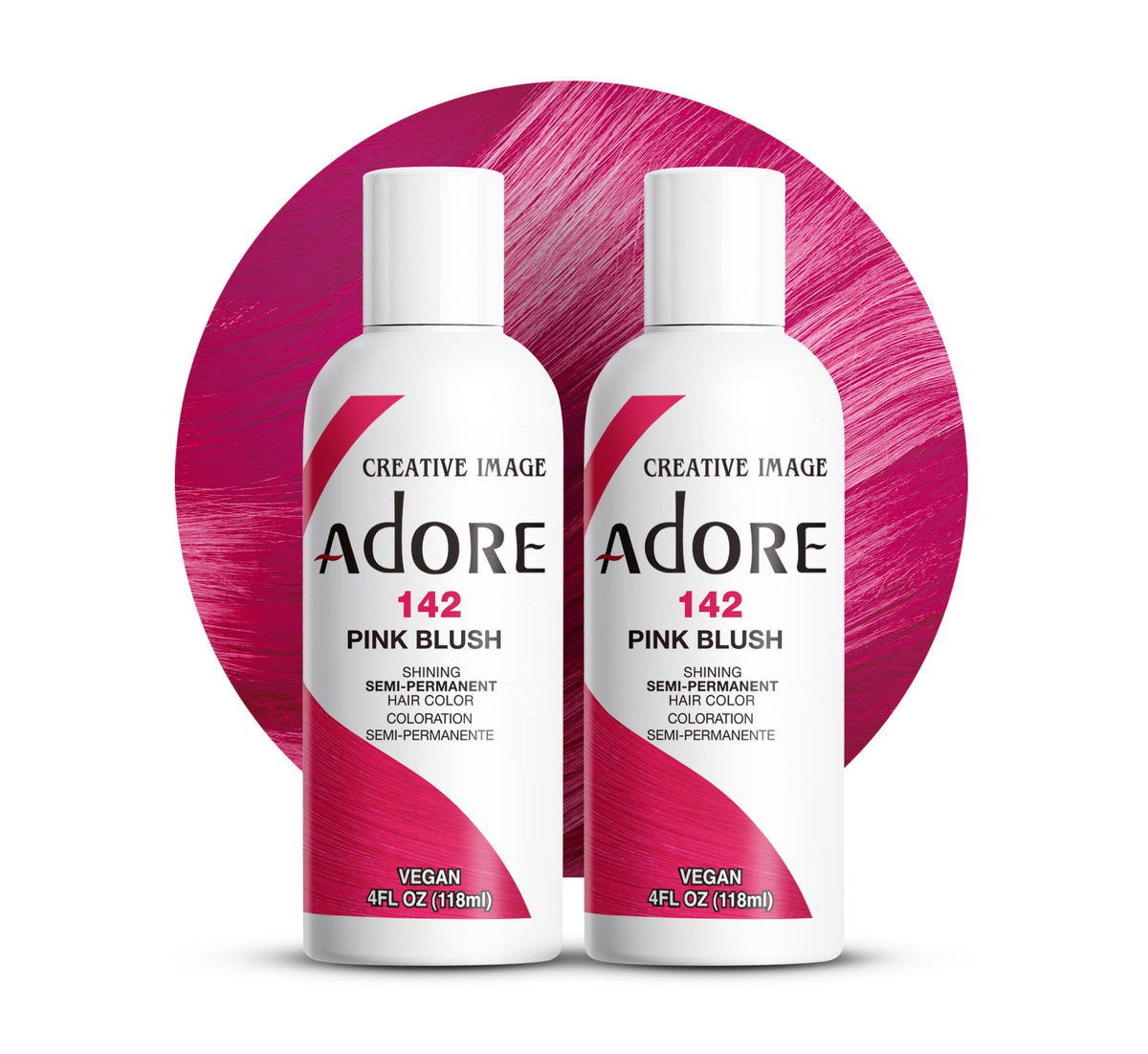 Adore Pink Blush semi-permanent color bottle showing vibrant pink for at-home transformations
