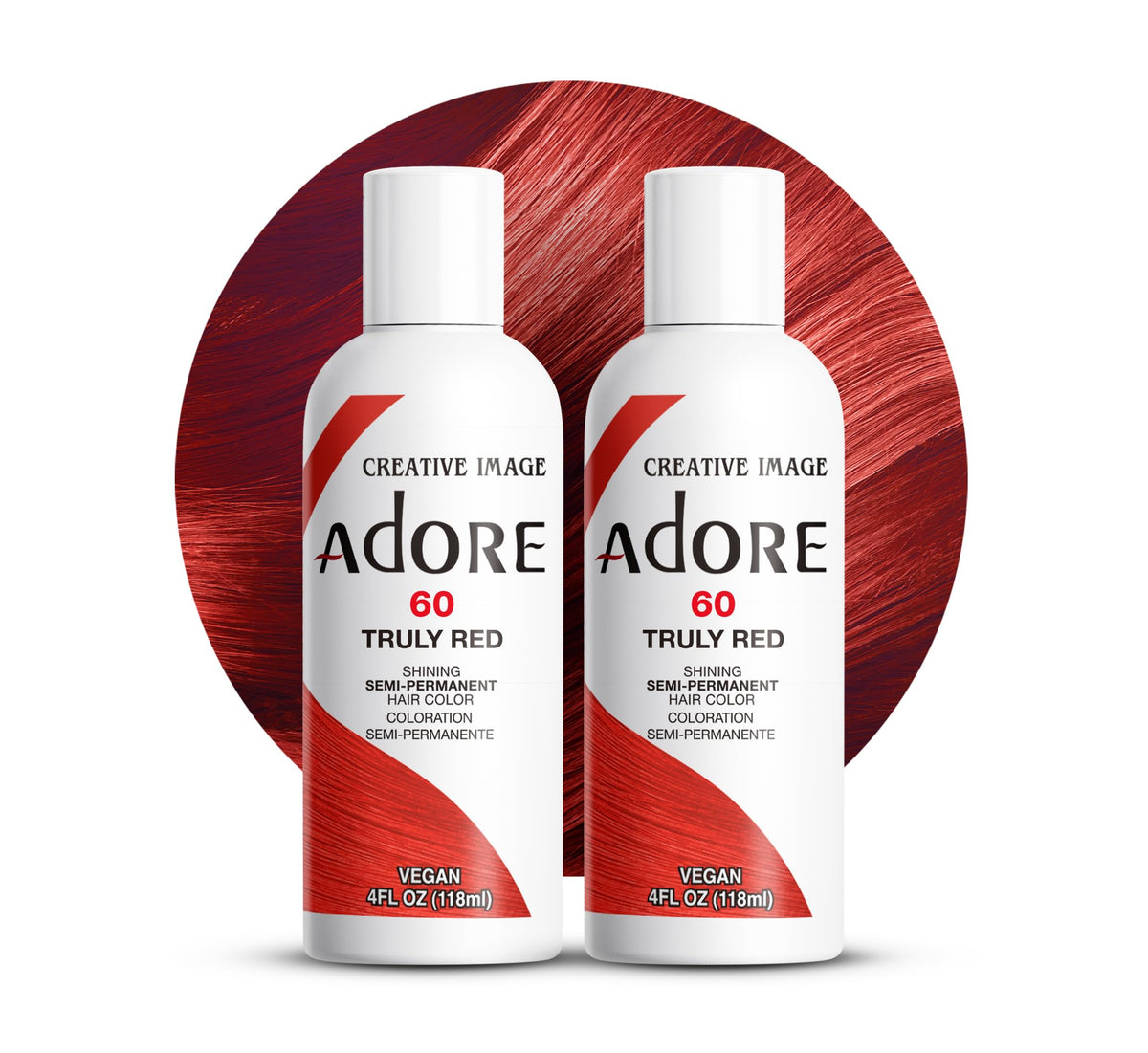 Adore Truly Red hair color bottle for vibrant application.