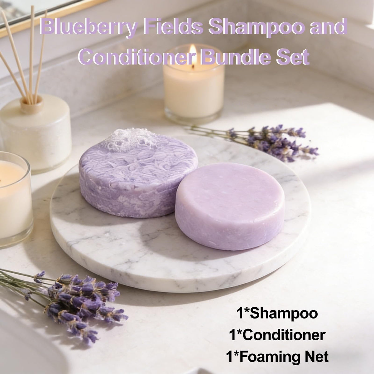 ADUTRY Blueberry Fields conditioner bar set close-up emphasizing frizz control and moisture.